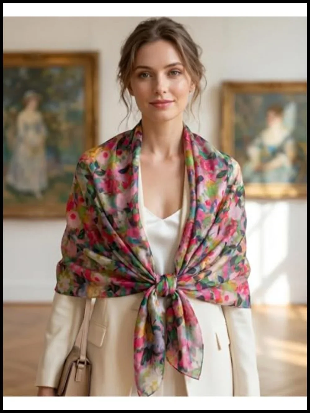 100% Mulberry Silk Scarf for Women, Extra Large Floral Shawl Wrap, Lightweight
